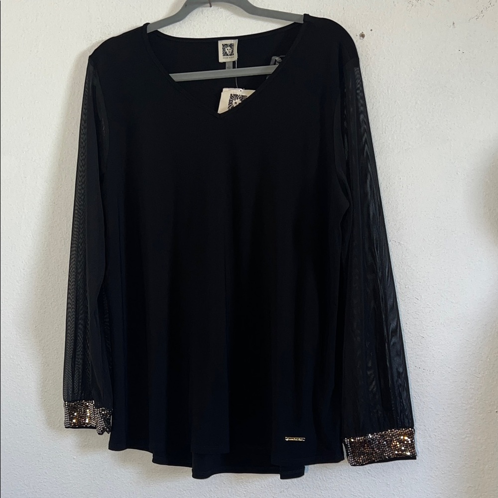 Anne Klein Black Blouse with Gold Cuff Details